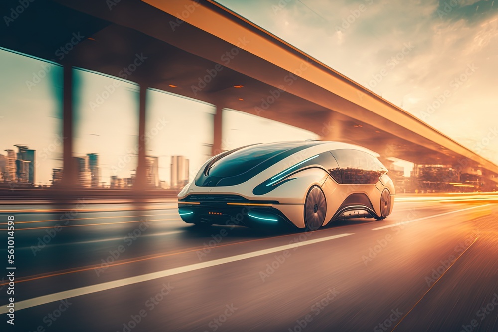 hi-tech future car with light trail and speed blur cityscape background	
