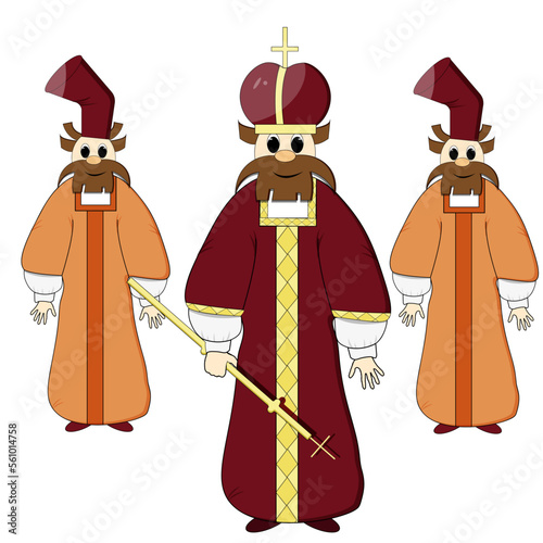 Prince of Kievan Rus and boyar. A king in a red robe, a crown and with a scepter in his hand on a white background. A cartoon character. Noble persons. The nobleman.