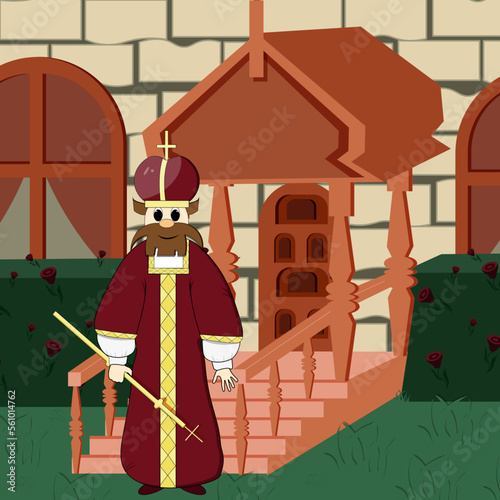 Prince of Kievan Rus near the palace. A king in a red robe, a crown and with a scepter in his hand on a palace background. A cartoon character. Noble persons. The nobleman.