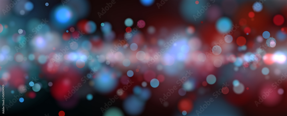 Blurred blue and red colored circle bokeh on black copy space illustration background.
