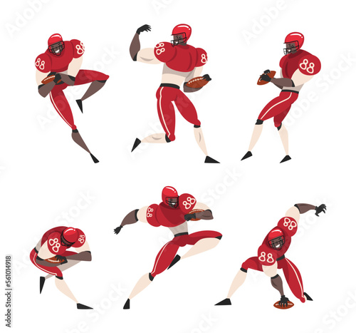 Set of american football players. Male athletes in uniform in different actions cartoon vector illustration