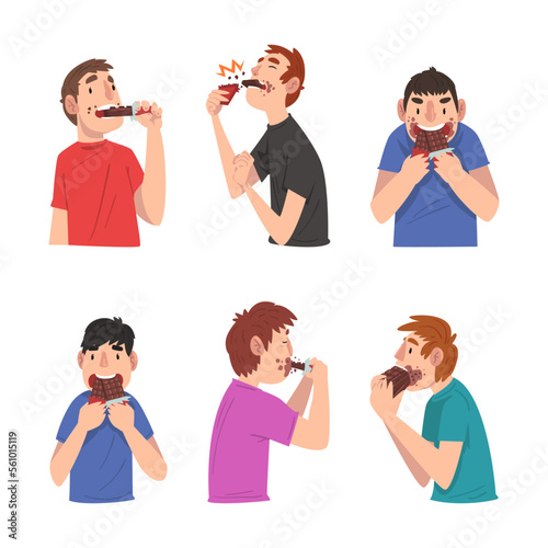 Funny men eating chocolate set. People addicted of sweets cartoon vector illustration