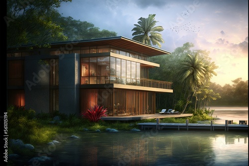 Contemporary home in tropical setting by the water, ai generated © dasom