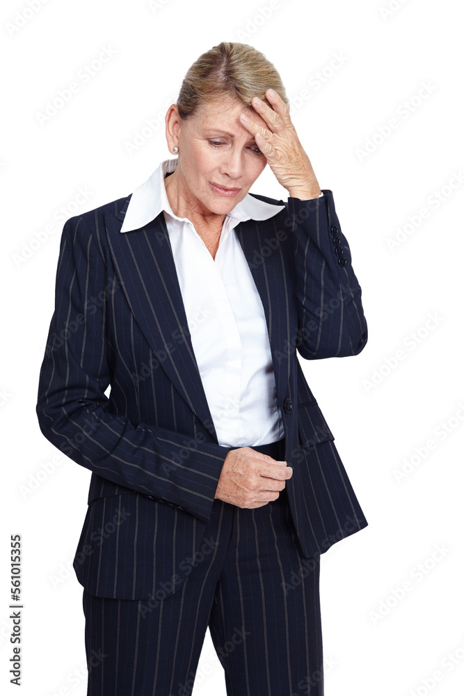 Mental health, stress or sad business woman with anxiety problem, work burnout headache and depressed over job mistake. Career fail, studio depression crisis or corporate employee on white background Mental health, stress or sad business woman with anxiety problem, work burnout headache and depressed over job mistake. Career fail, studio depression crisis or corporate employee on white background