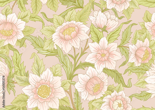 Decorative flowers and leaves in art nouveau style, vintage, old, retro style. Seamless pattern, background. Vector illustration. © Elen  Lane