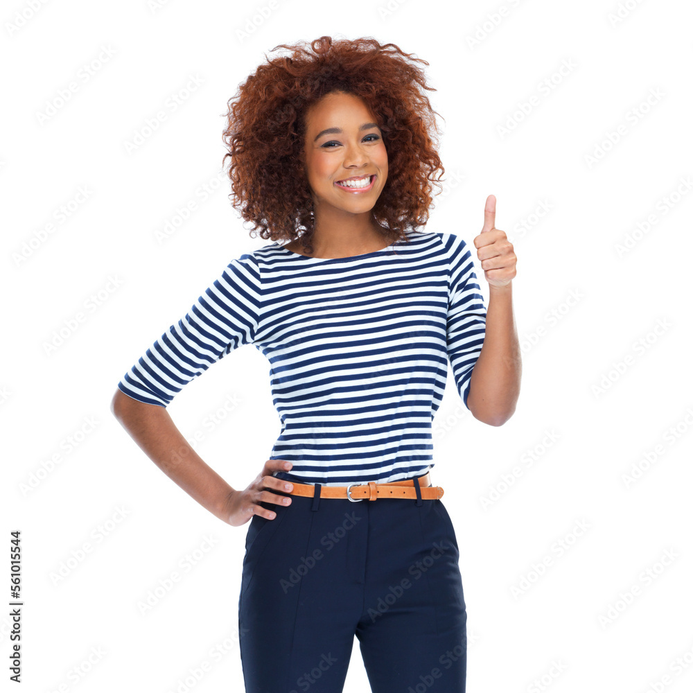 Thumbs up, happy and portrait of a black woman in a studio with a casual, stylish and cool outfit. Fashion, smile and African female model with an approval gesture isolated by a white background. Thumbs up, happy and portrait of a black woman in a studio with a casual, stylish and cool outfit. Fashion, smile and African female model with an approval gesture isolated by a white background.