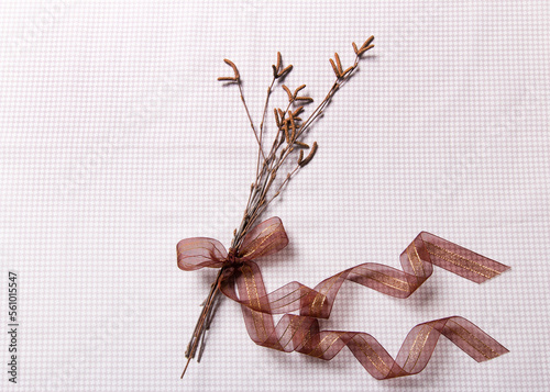 Spring background. Birch branches with brown catkins tied with a transparent ribbon with gold thread. Fabric, cotton tablecloth. Close-up. Place for text. photo