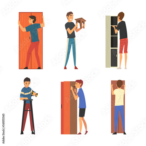 Men assembling furniture at home set. Male characters making wooden furniture cartoon vector illustration