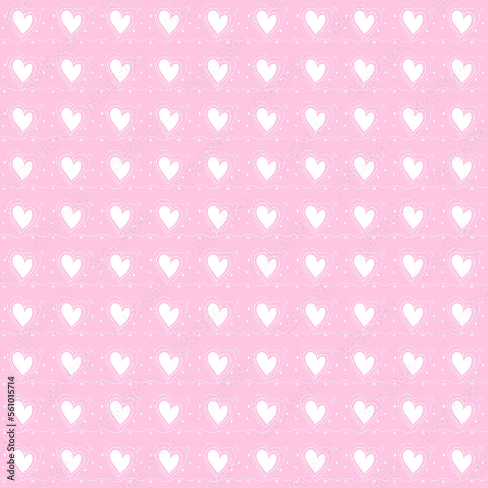 Hand drawn heart shape on pink background. Seamless pattern - doodle style. Valentine concept for background, card, wrapping paper.