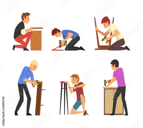 Men assembling furniture set. Male characters making wooden furniture using drill cartoon vector illustration