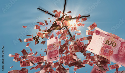 Chinese yuan Renminbi 100 banknotes helicopter money dropping 3d illustration photo