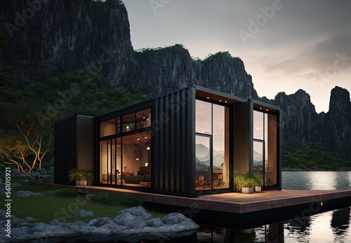 illustration concept of sustainability and recycle , container box remake as restaurant, office or house or hotel, landscape of Lan Ha Bay, Quang Ninh, Vietnam as background