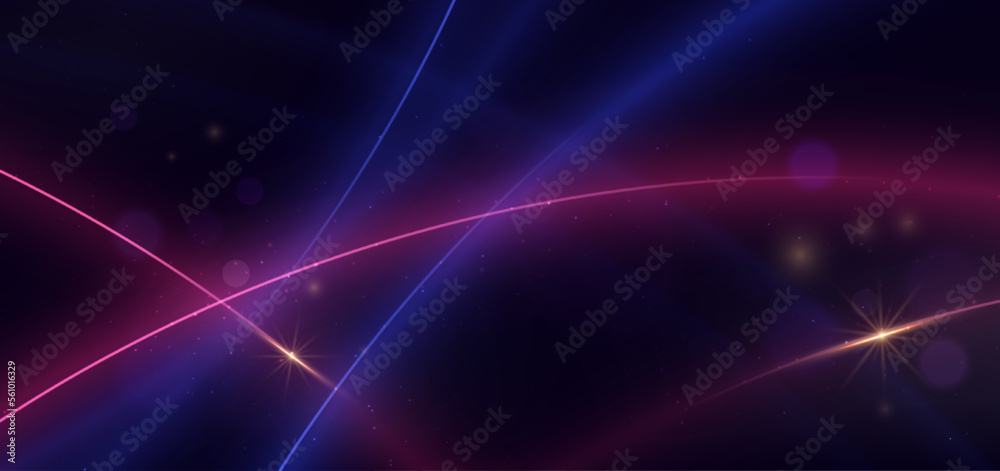 Abstract technology futuristic neon curved glowing blue and pink light lines with speed motion blur effect on dark blue background.