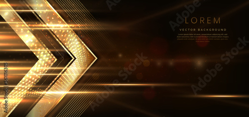 Elegant golden triangle glowing with lighting effect sparkle on dark brown background. Template premium award design.