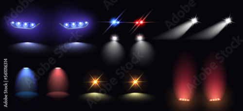 Realistic set of colorful car headlights tail and siren lights isolated on black background vector illustration.