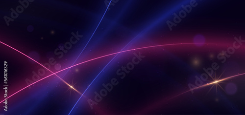 Abstract technology futuristic neon curved glowing blue and pink light lines with speed motion blur effect on dark blue background.