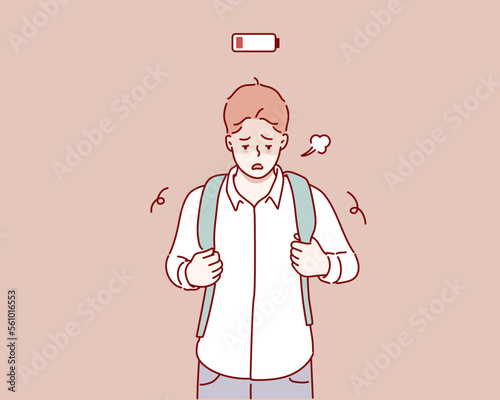 Tired  student walking with Low power symbol. Hand drawn style vector design illustrations.