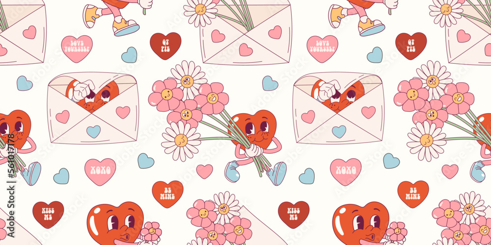  Groovy retro seamless pattern for Valentine's day. Hearts character. All you need is Love. Retro doodle cartoon style.Hippy 60s, 70s style. Flower power.
