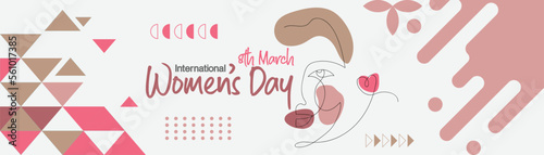 international women's day banner cover with abstract geometric shapes and lady face with single line art style and neutral feminine colors to reflect women empowerment banner cover poster for social