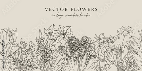 Vintage seamless border with spring flowers