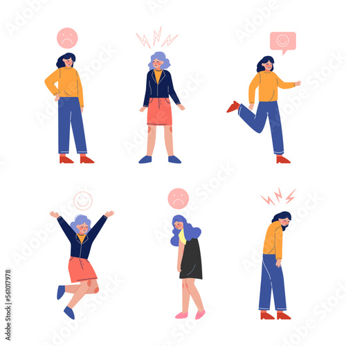 Set of teenage boys and girls expressing various emotions with signs over their heads flat vector illustration