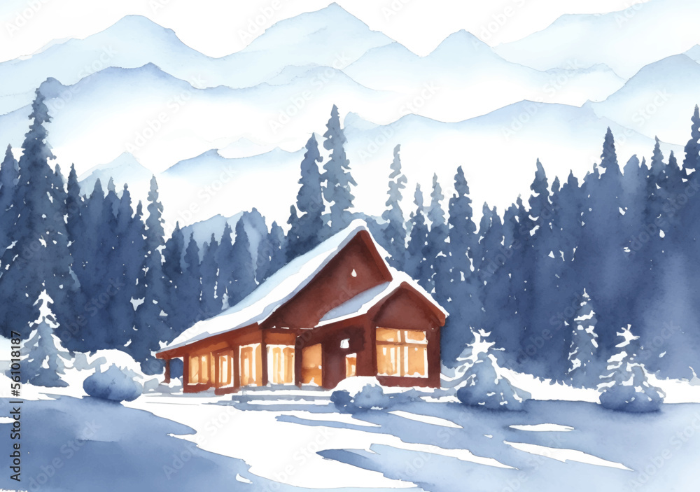 house in the middle forest in snow drawn digital painting watercolor illustration