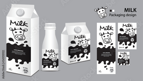 Milk package design, milk label design, Milk boxes set and bottle vector, box realistic 3d illustration, creative packaging template, product design, food banner, cute cow logo cartoon illustration