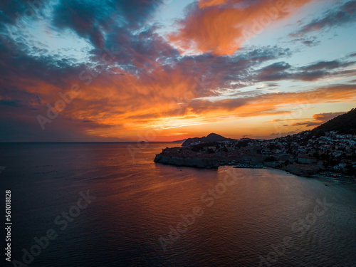 Amazing sunset over the citadel next to the sea in Dubrovnik Croatia