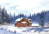 house in the middle forest in snow drawn digital painting watercolor illustration