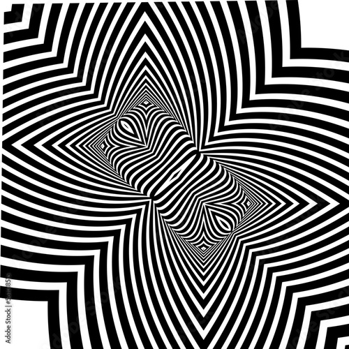 Abstract background with optical illusion wave. Black and white horizontal lines with wavy distortion effect for prints, web pages, template, posters, monochrome backgrounds and pattern