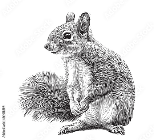 Cute squirrel sitting hand drawn sketch Wild animals Vector illustration photo