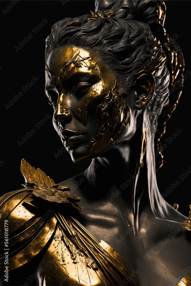 Obraz premium Statue de personne stoïcienne, accents de marbre doré et noir, fond noir, idéal pour les citations, les cartes, l'émotion, le visage, le corps, l'homme