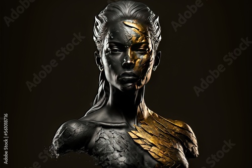 Statue de personne stoïcienne, accents de marbre doré et noir, fond noir, idéal pour les citations, les cartes, l'émotion, le visage, le corps, l'homme photo