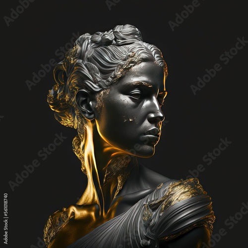 Statue de personne stoïcienne, accents de marbre doré et noir, fond noir, idéal pour les citations, les cartes, l'émotion, le visage, le corps, l'homme