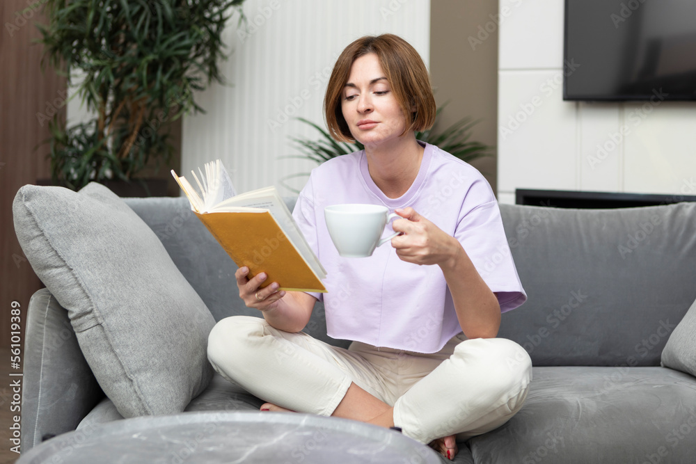 Young attractive woman sitting on the couch and reading book at home Young attractive woman sitting on the couch and reading book at home