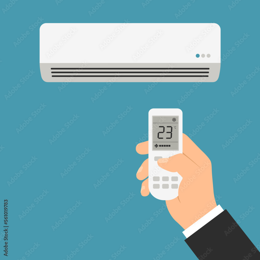 Male manager's hand holds air conditioner remote control and adjusts