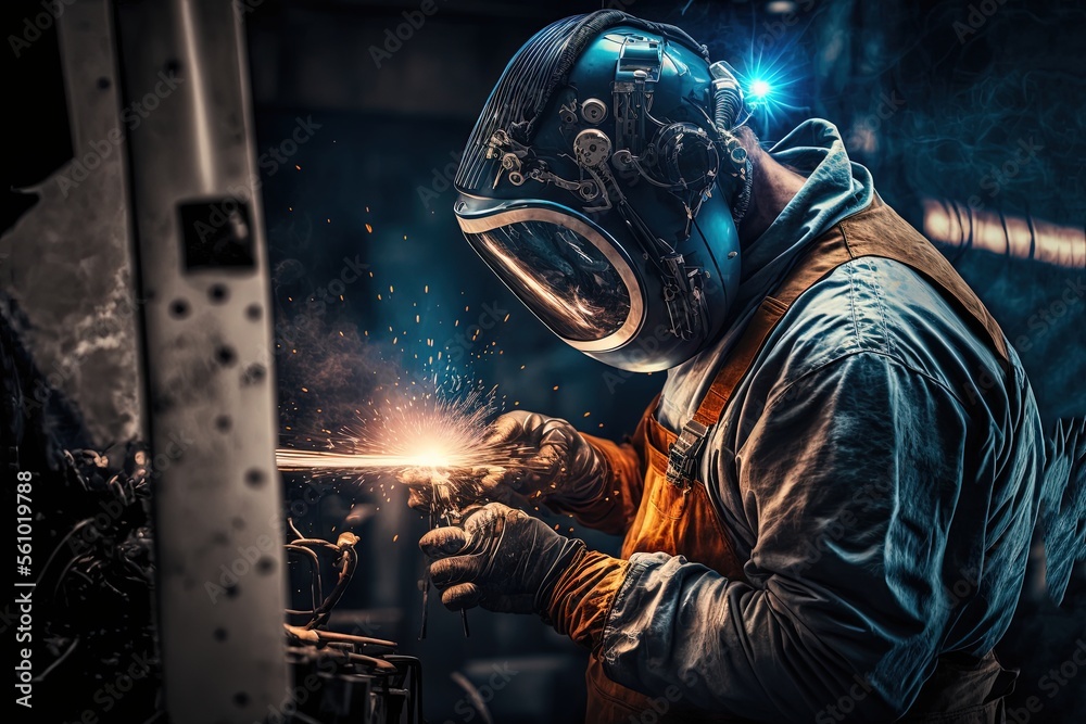 illustration of welder is welding metal , industry them bokeh and sparkle background - obrazy, fototapety, plakaty 