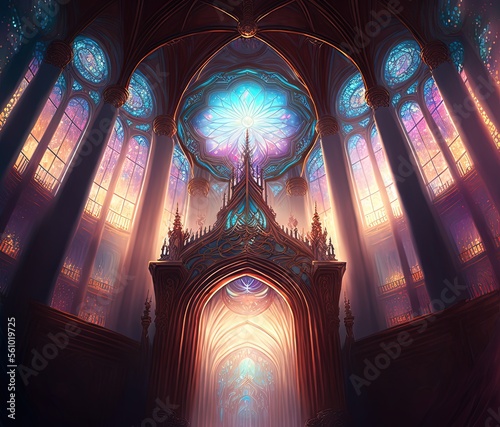 Fotografia illustration of throne hall with light shine over throne through ornate stained
