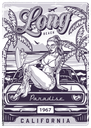 Beach hot girl poster monochrome