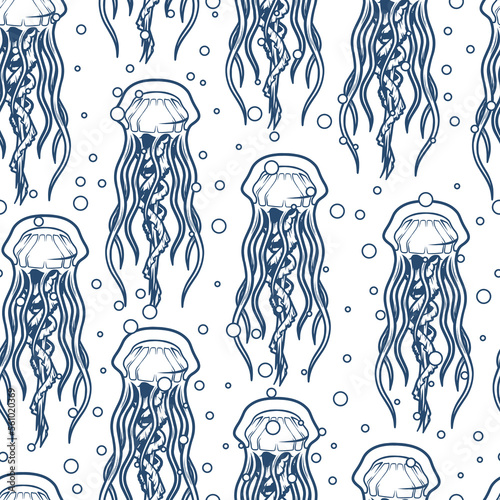 Marine jellyfish monochrome pattern seamless