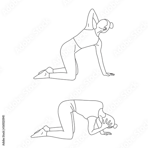 Line art of woman doing exercise in thoracic rotation pose vector.