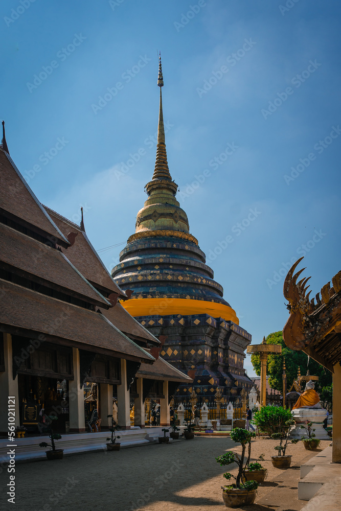 Naklejka premium Ancient pagoda of Wat Phra That Lampang Luang temple religion the most famous Buddhist temple and the attraction landmark tourist destination in Lampang, Northern Thailand.