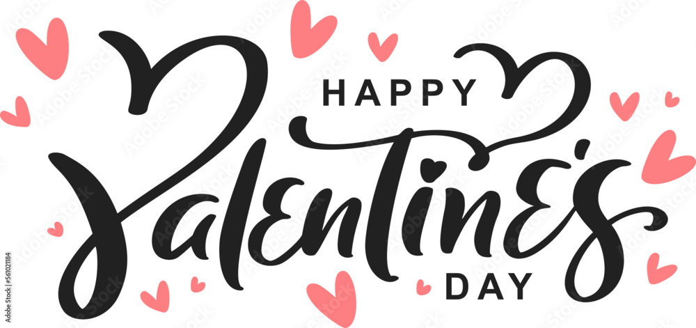Obraz premium Happy Valentines Day black vector calligraphy lettering text with pink hearts. Holiday quote design for valentine greeting card, phrase poster, congratulate, calligraphy text illustration