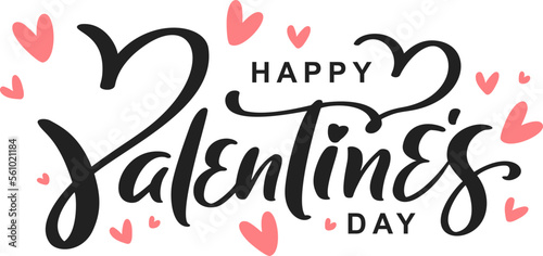 Happy Valentines Day black vector calligraphy lettering text with pink hearts. Holiday quote design for valentine greeting card, phrase poster, congratulate, calligraphy text illustration