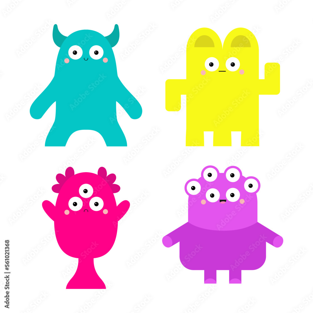 Monster set. Cute face head. Cartoon kawaii scary funny character. Happy Halloween. Colorful silhouette. Baby collection. Different emotion. T-shirt design. White background. Flat design. Monster set. Cute face head. Cartoon kawaii scary funny character. Happy Halloween. Colorful silhouette. Baby collection. Different emotion. T-shirt design. White background. Flat design.