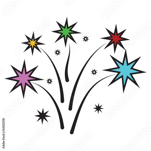 A set of cartoon colorful vector illustrations of stars, comet, salute, fireworks, isolated on a white background.