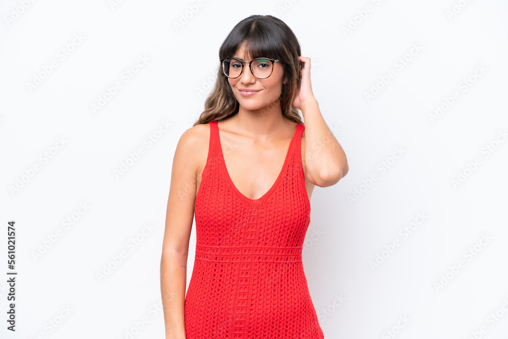Young caucasian woman isolated on white background having doubts