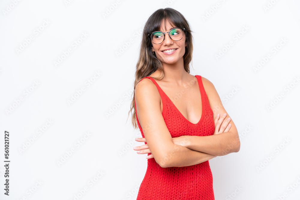 Young caucasian woman isolated on white background with arms crossed and happy Young caucasian woman isolated on white background with arms crossed and happy
