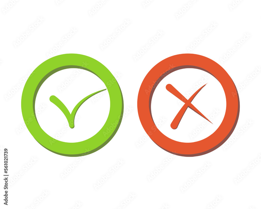 Symbols check marks yes and no, approval or rejection. Vector illustration. Symbols check marks yes and no, approval or rejection. Vector illustration.
