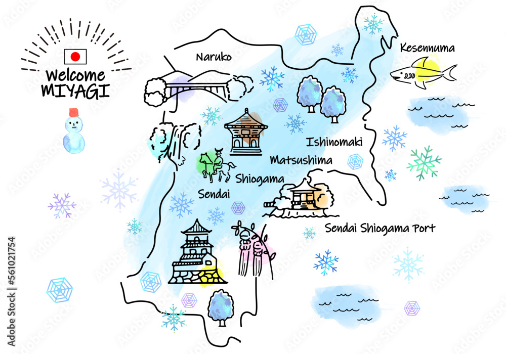 冬の宮城県の観光地のシンプル線画イラストマップ